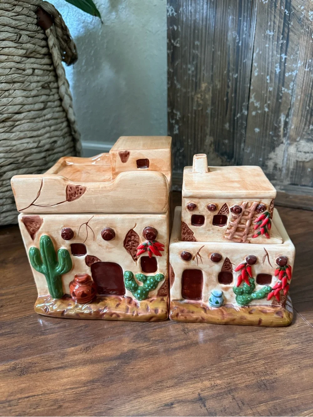 SOUTHWEST DECOR PUEBLO ADOBE HOUSE CERAMIC CANISTER SET. 2 Piece Set